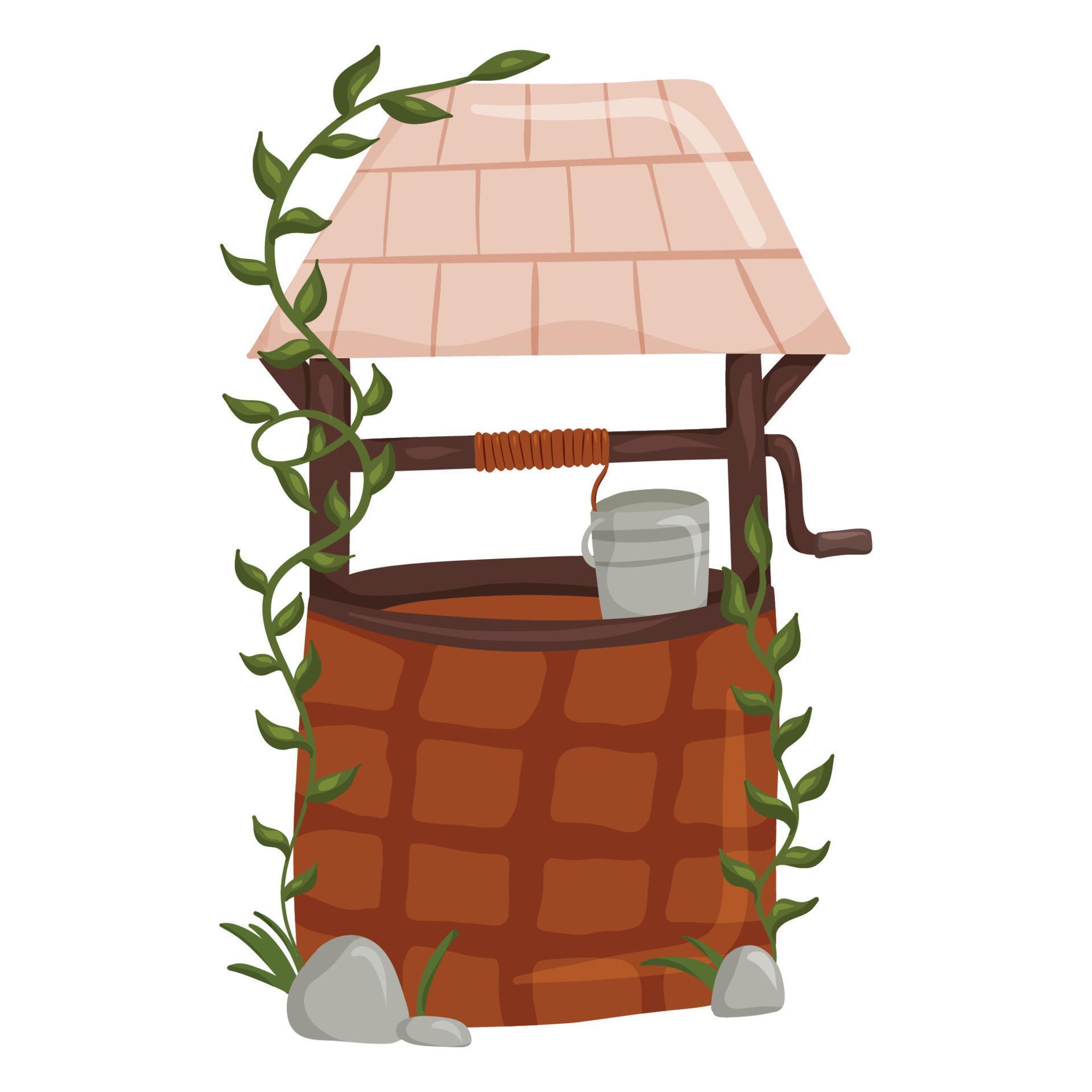 Stone well with rope, bucket, roof and green creeper 16069875 Vector