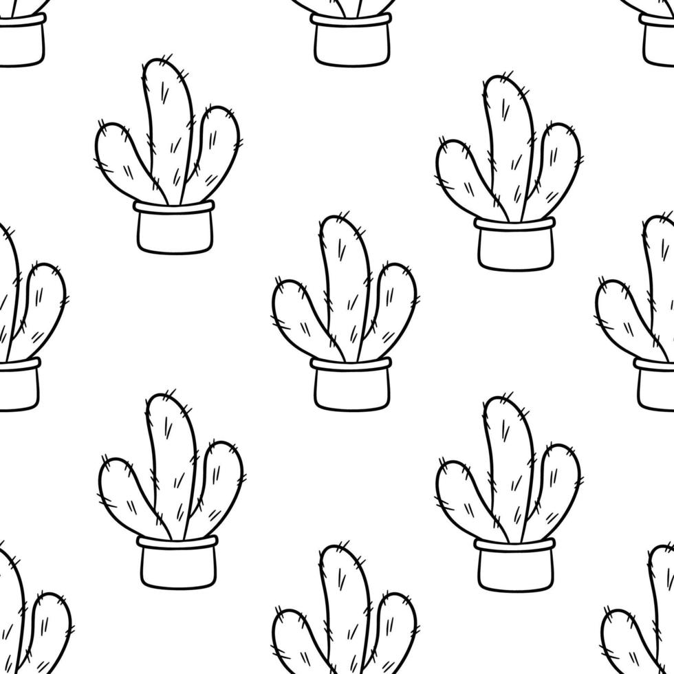 Seamless pattern with cute hand-drawn cacti white background. vector