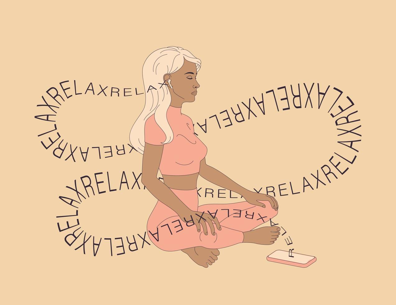 Woman meditates, relaxes in the lotus position using her smartphone. Meditation app. Flat illustration. Concept art. vector