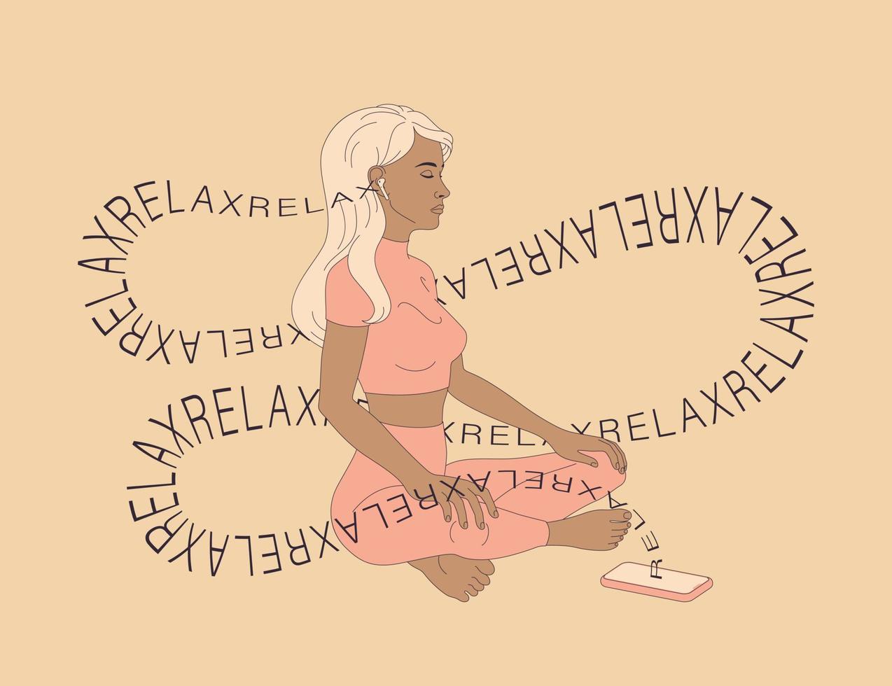 la mujer medita, se relaja en la posición de loto usando su teléfono inteligente. aplicación de meditación ilustración plana arte conceptual. vector