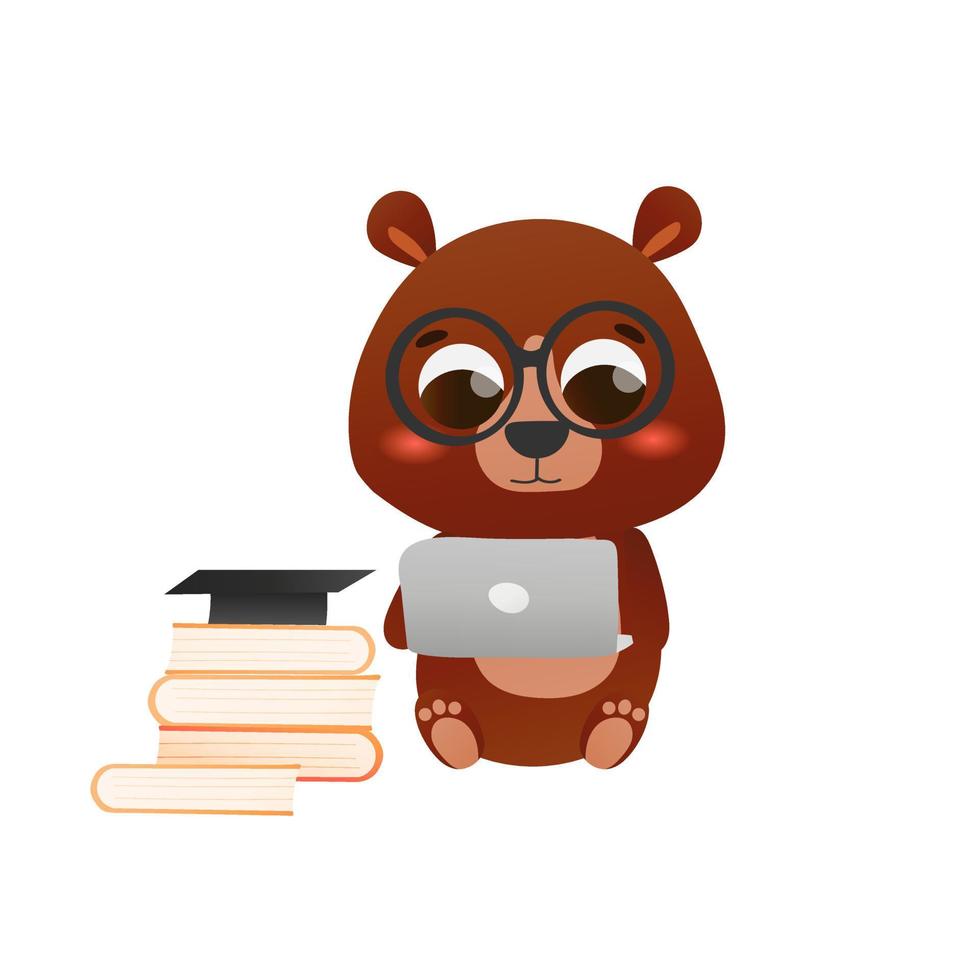 Adorable bear holding laptop and coding or studying, e-learning concept for kids in cartoon style, cute little bookworm, educational illustration vector