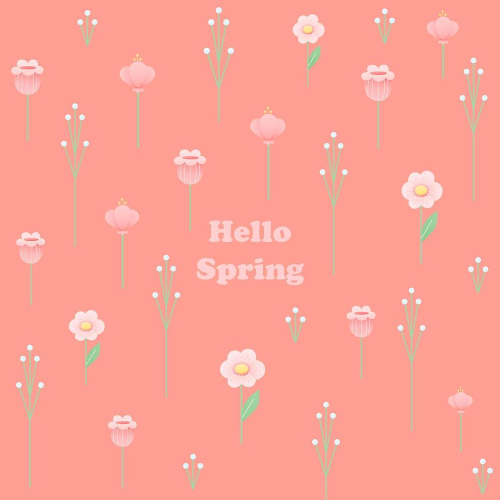 Tender hello spring card with floral elements on pink pastel background, greeting card with romantic pink blossom for print or web design vector