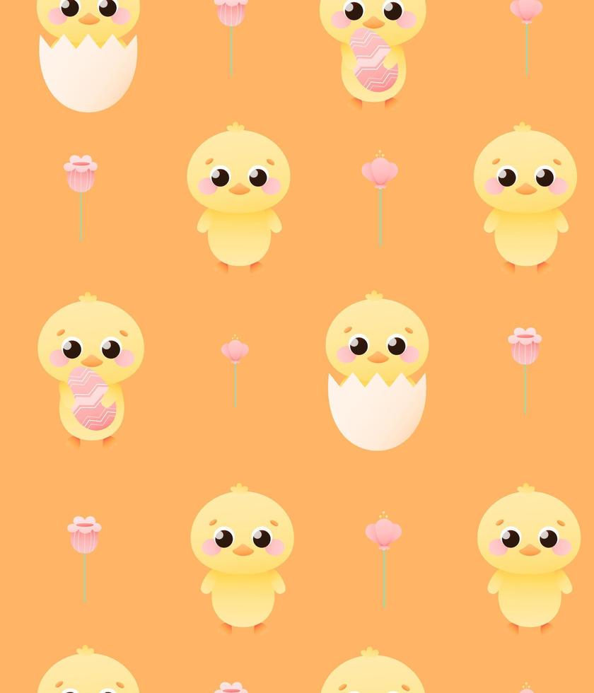 Spring animal seamless pattern with cute chicks, happy easter concept, flower elements for textile or wrapping paper on orange background in cartoon style vector