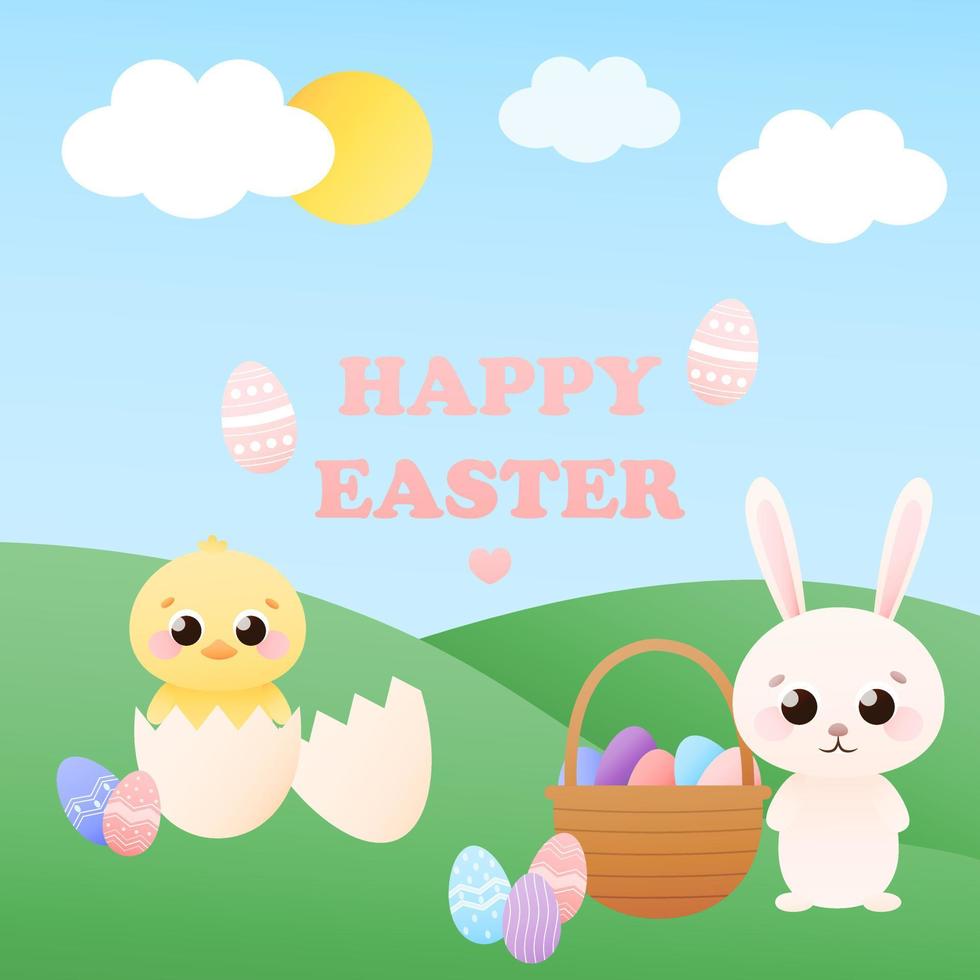 feliz tarjeta de felicitación de pascua en estilo infantil con lindos personajes animales - conejito y pollito de pascua, caza de huevos, canasta con huevos, tarjeta colorida para niños en estilo de dibujos animados, vacaciones de primavera vector