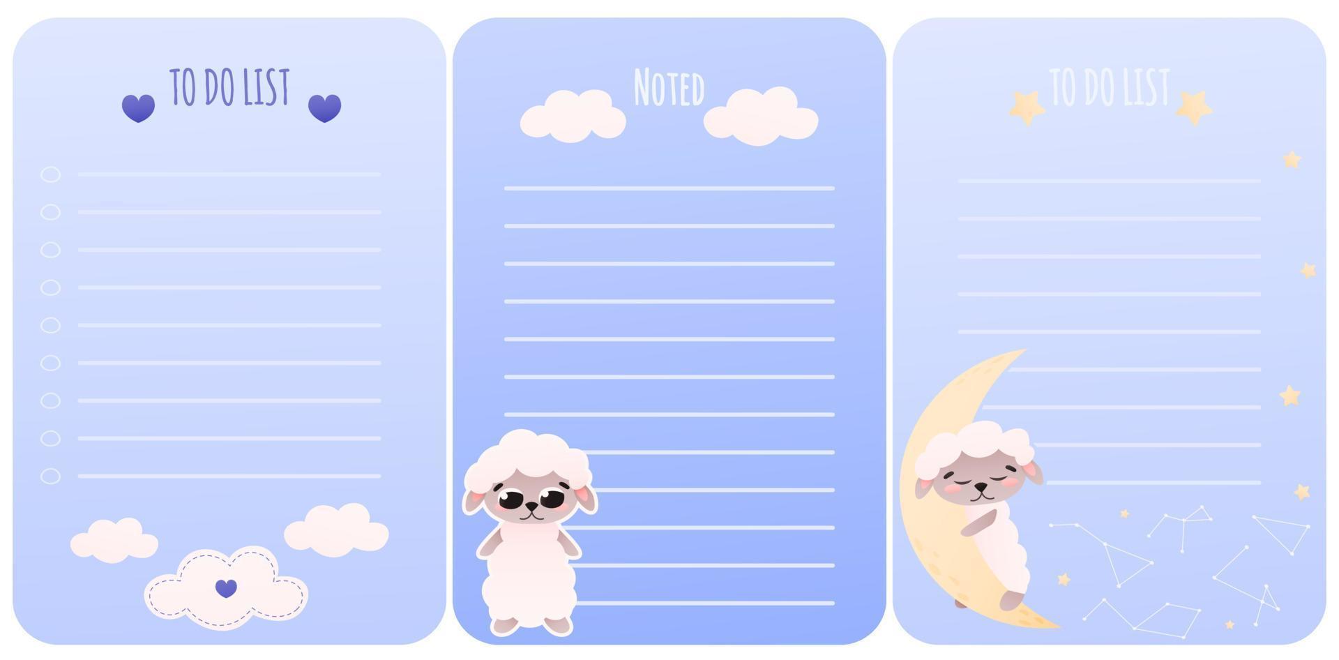 Set of childish notes for plannig and organization with cute sheep character, sweat dreams concept, night, stars vector