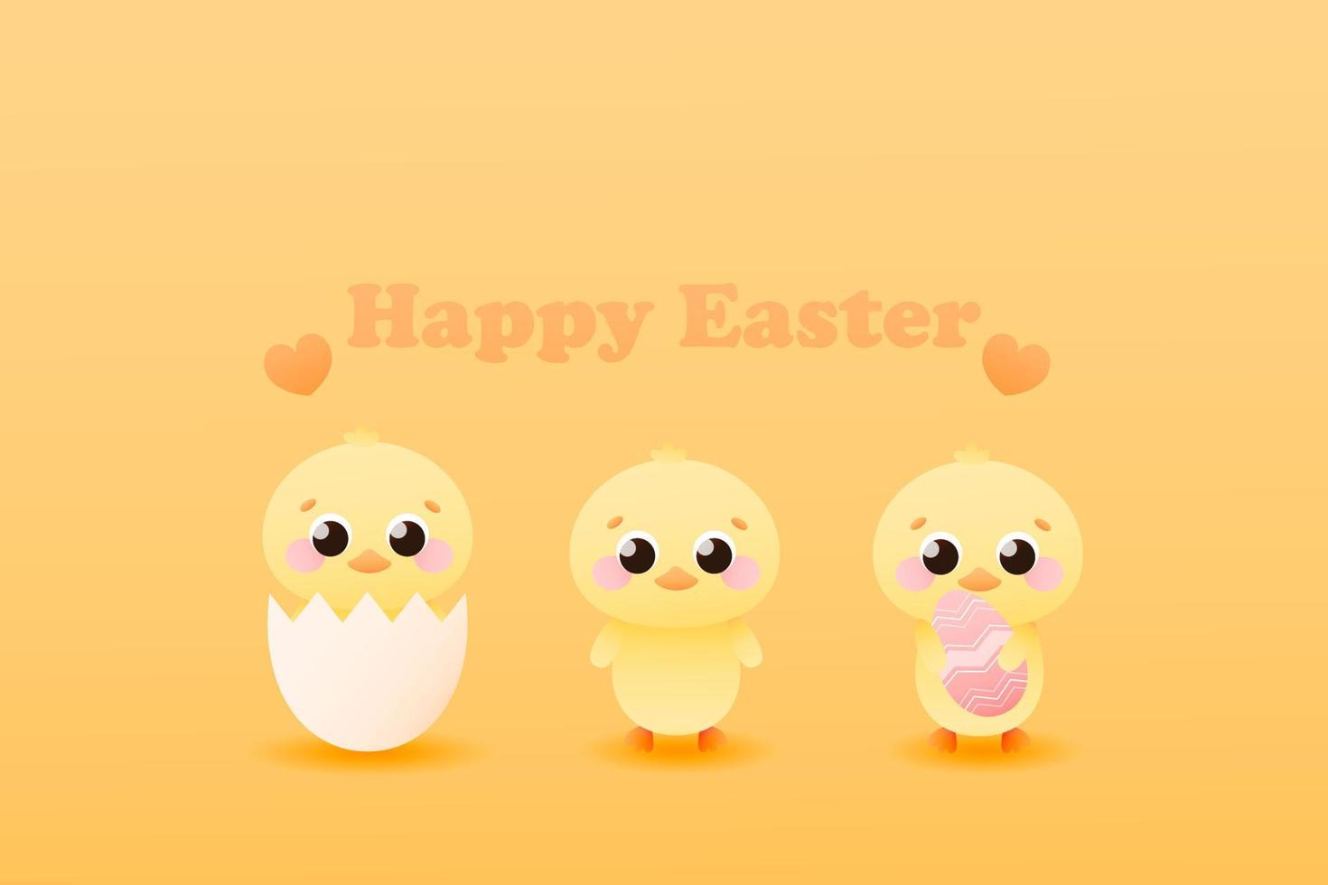Happy easter banner with cute animal characters - chiks in shell and holding gaint painted egg, childish greeting card on yellow background in cartoon style vector