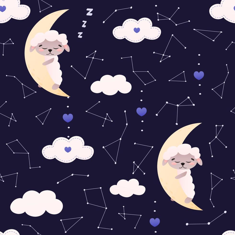 Childish sweet dreams pattern with cute animal character - sheep sleeping on moon, stars, clouds and constellations vector