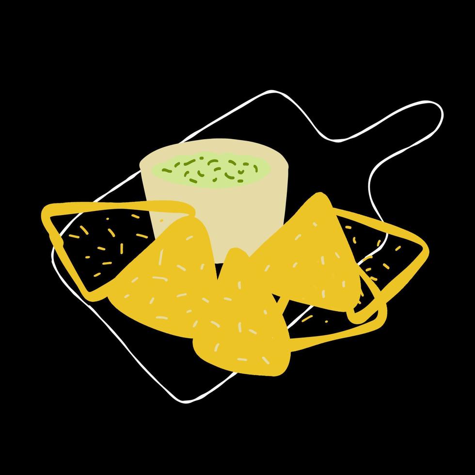 ilustración de comida mexicana nachos con salsa de guacamole sobre fondo negro vector