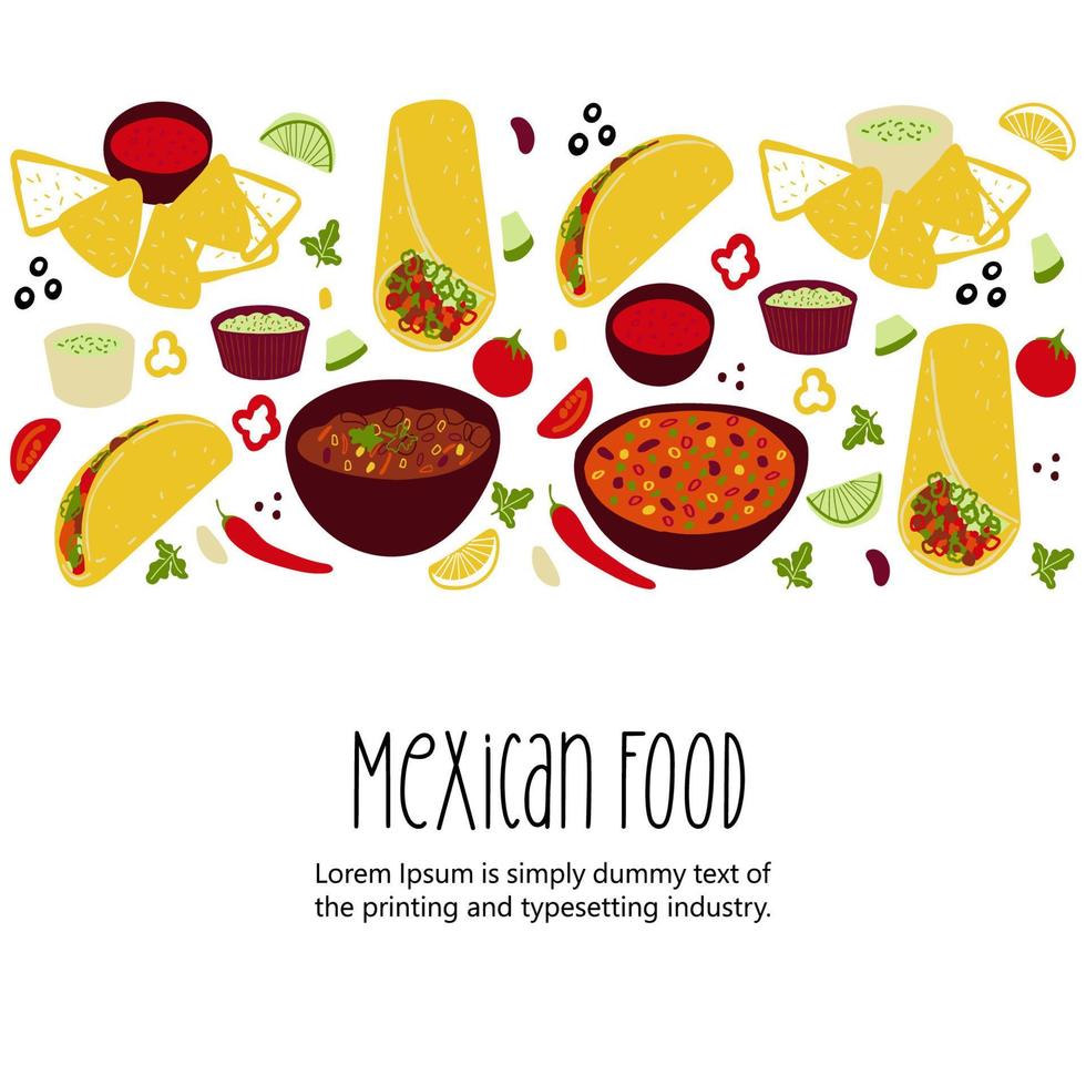 tacos de ilustración de comida mexicana, burrito, chili con carne, nachos, guacamole sobre fondo blanco vector