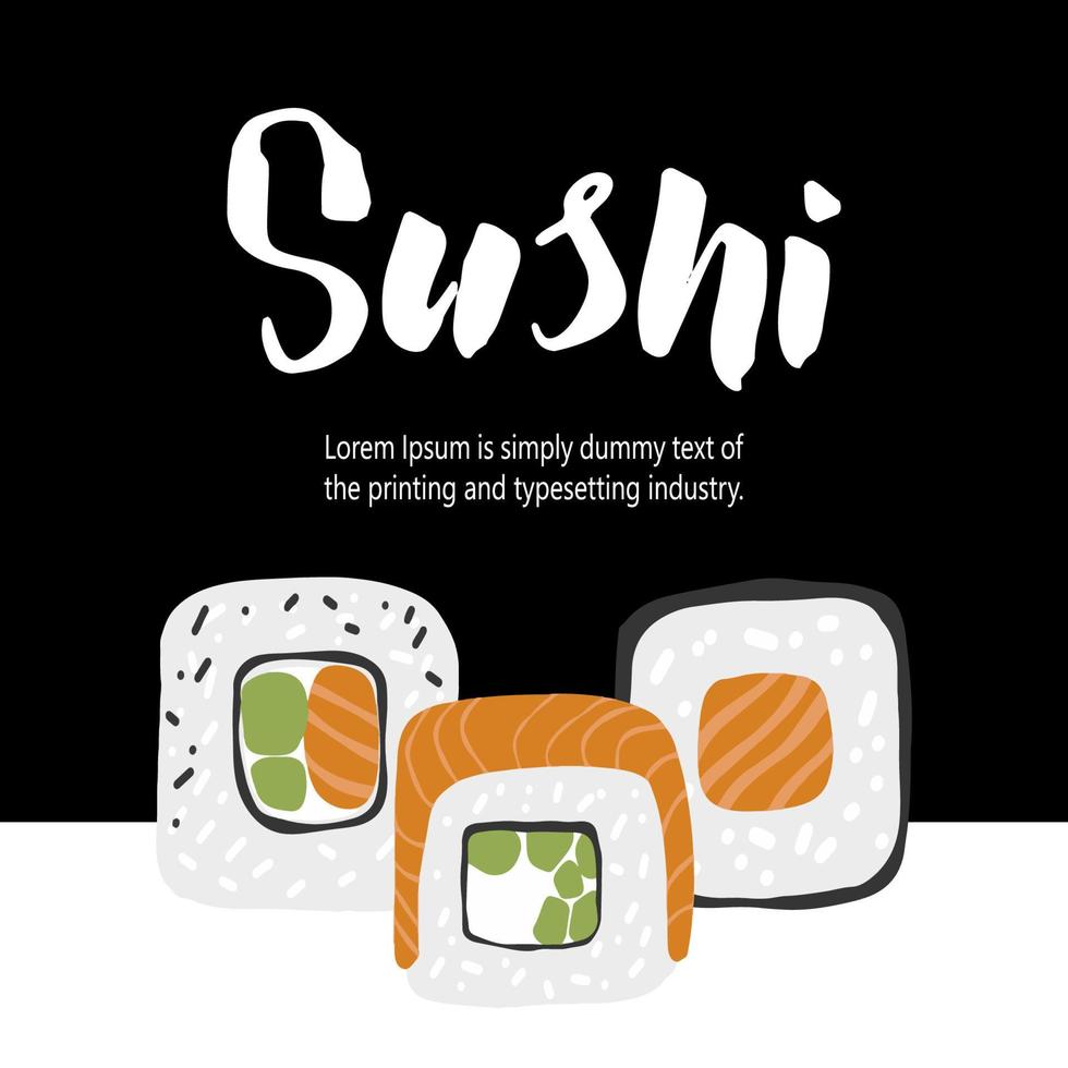 plantilla de diseño con ilustración de conjunto de sushi sobre fondo de marco negro vector