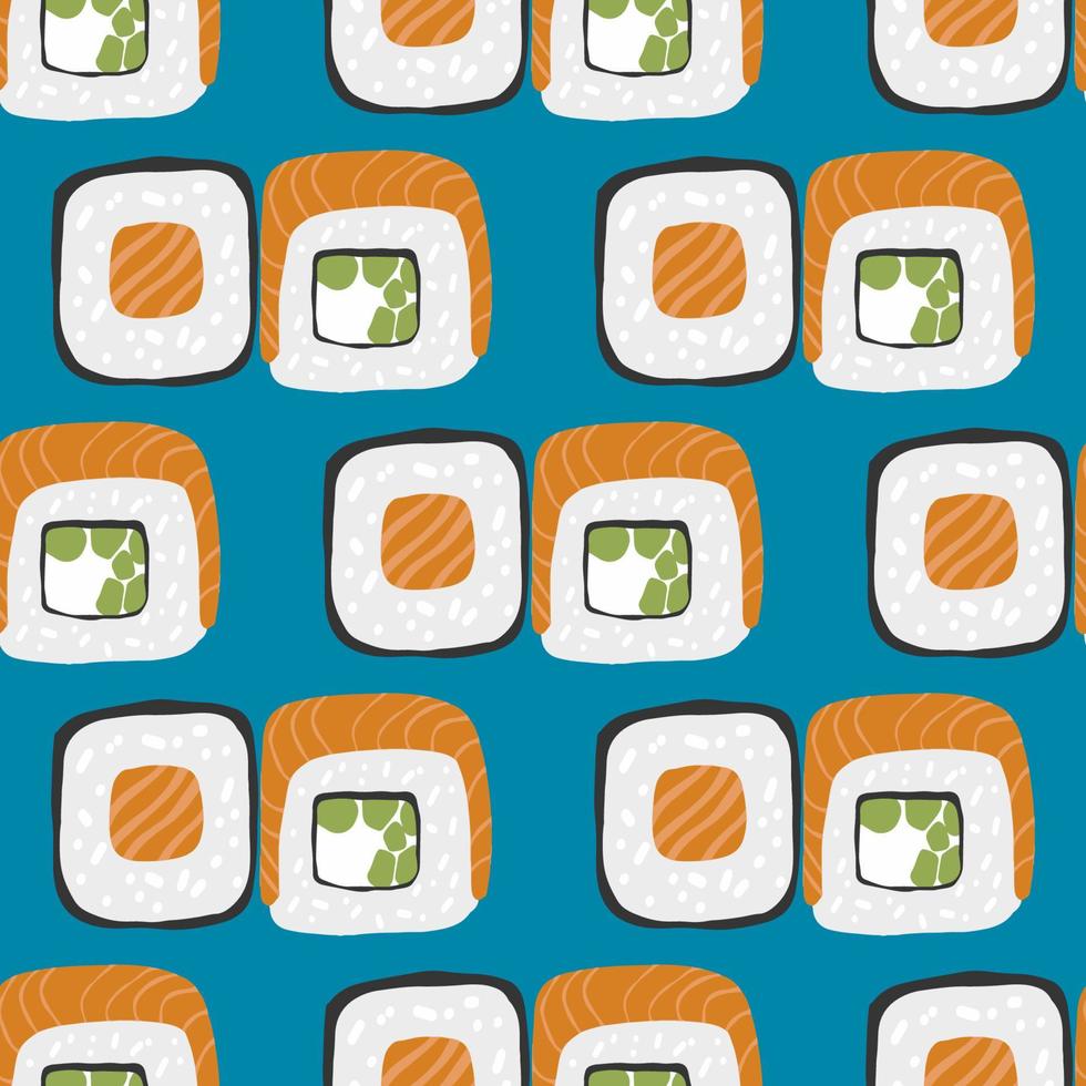 Seamless pattern with Sushi roll illustration on blue background vector