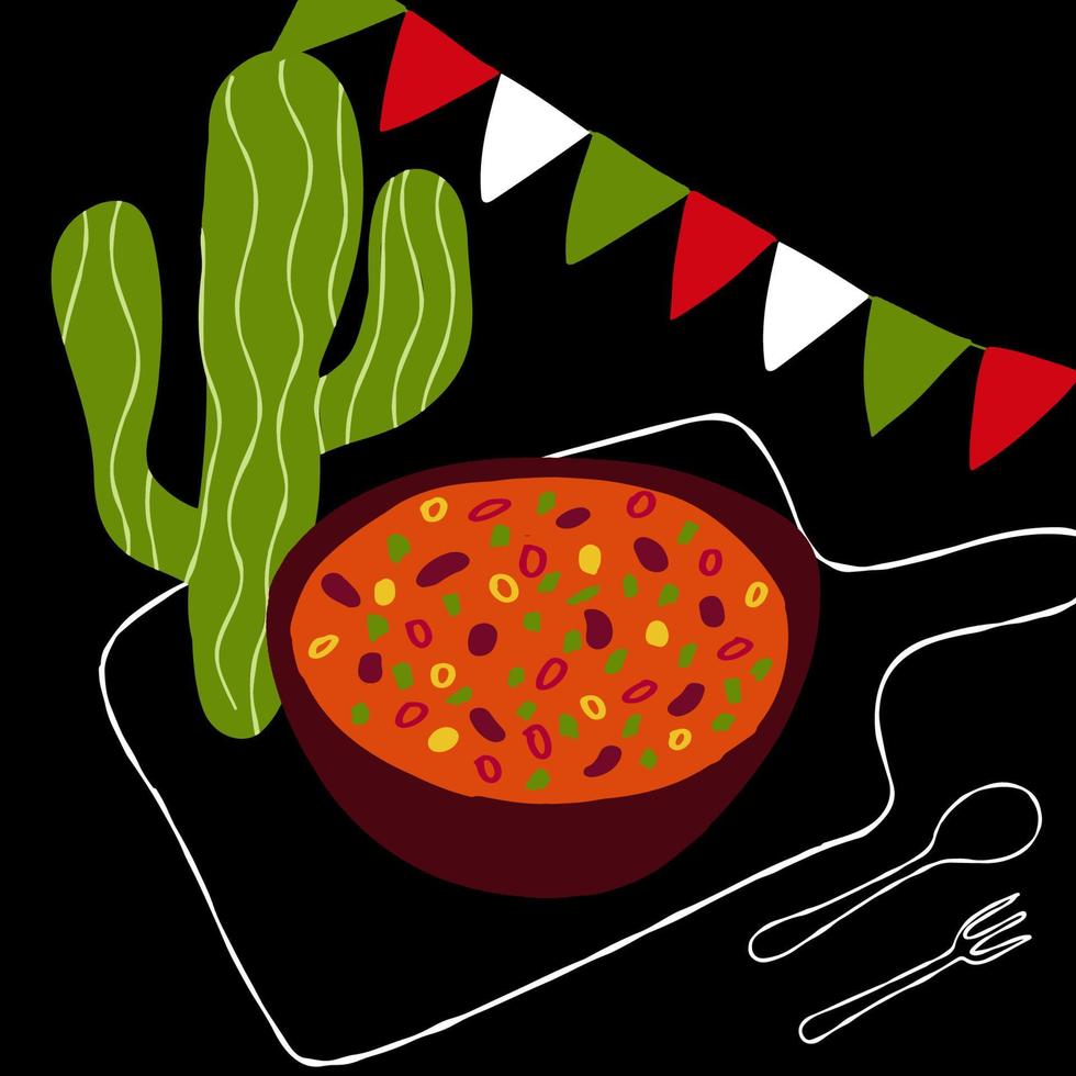 Mexican food illustration Chili Con Carne on black background with cactus vector