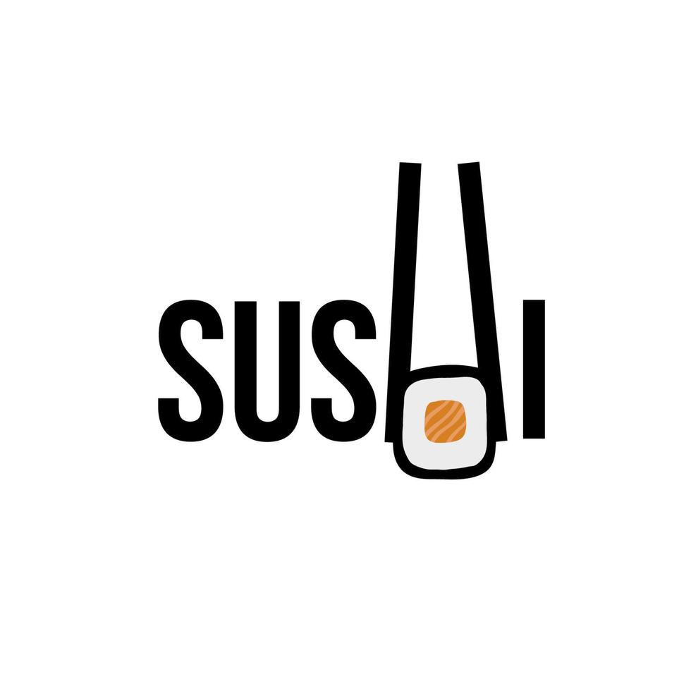 Sushi logo illustration of with text and sushi roll with chopsticks stylized symbol vector