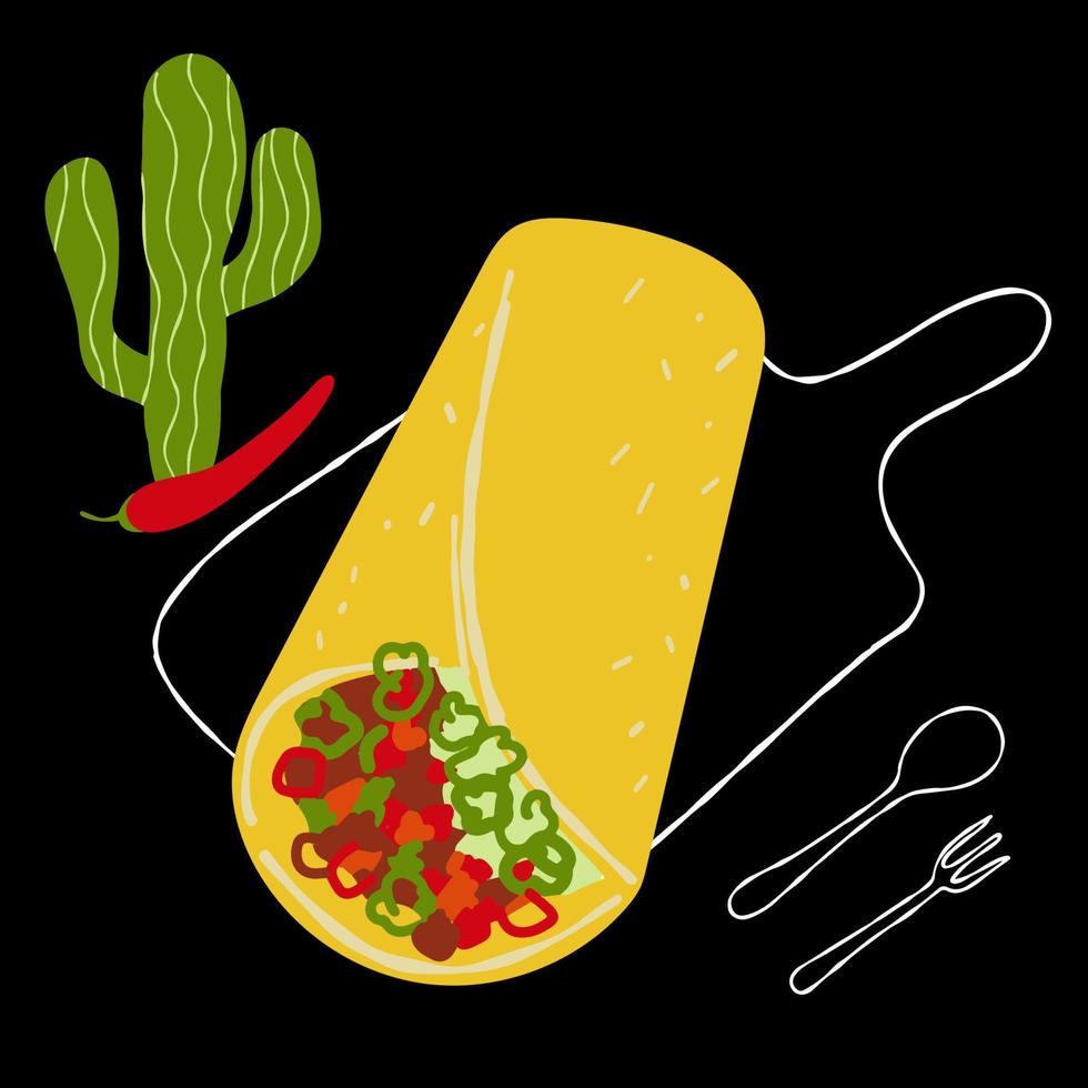 Mexican food illustration burrito on black background with cactus vector