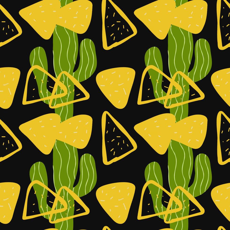 Seamless pattern with Mexican food nachos and cactus illustration on black background vector