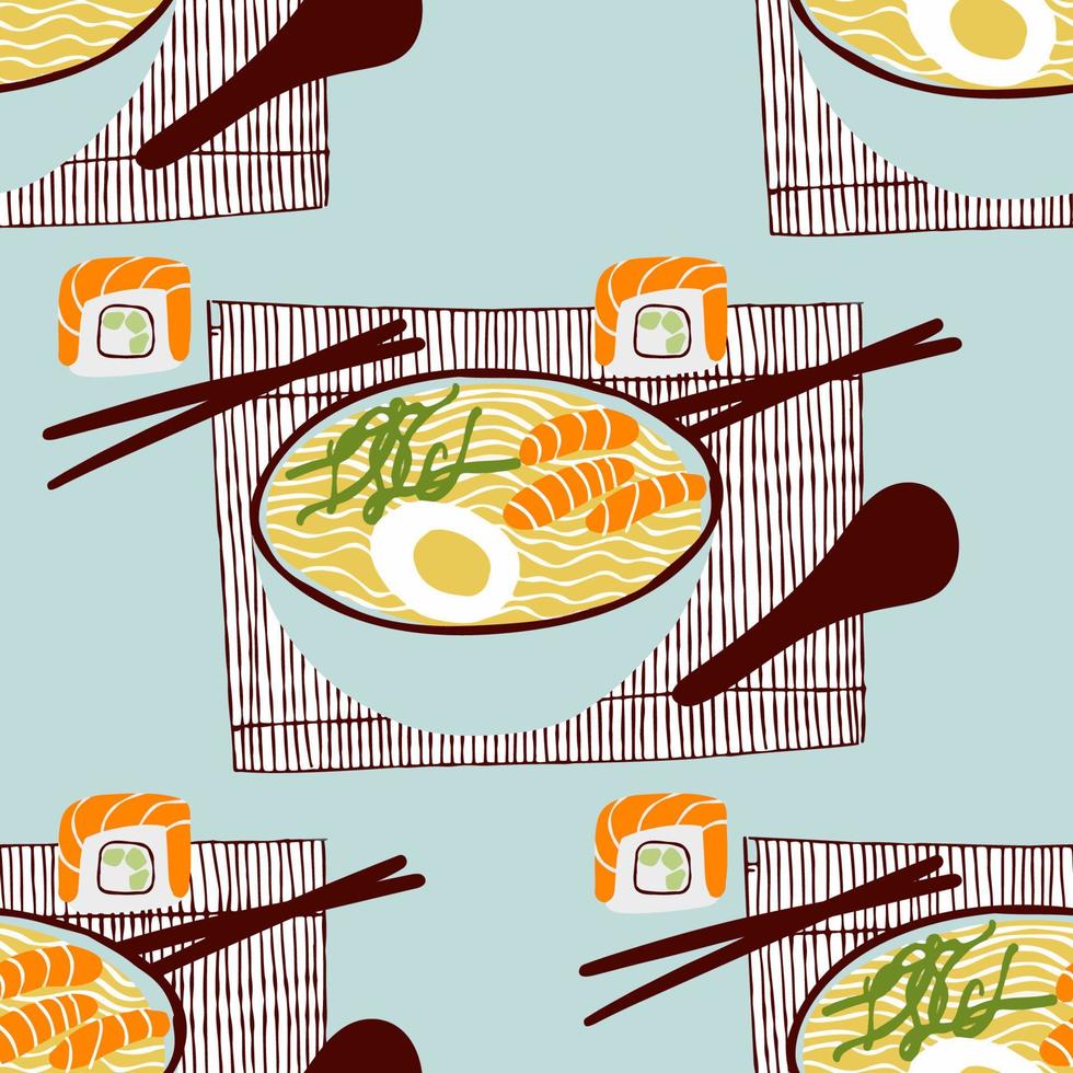 patrón sin costuras con fideos de sopa de comida asiática y rollo de sushi con ilustración de palillos sobre fondo azul vector
