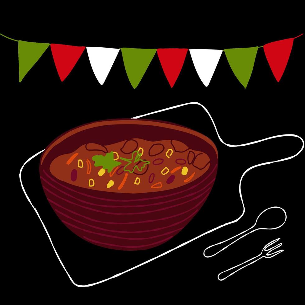 Mexican food illustration Chili Con Carne on black background vector
