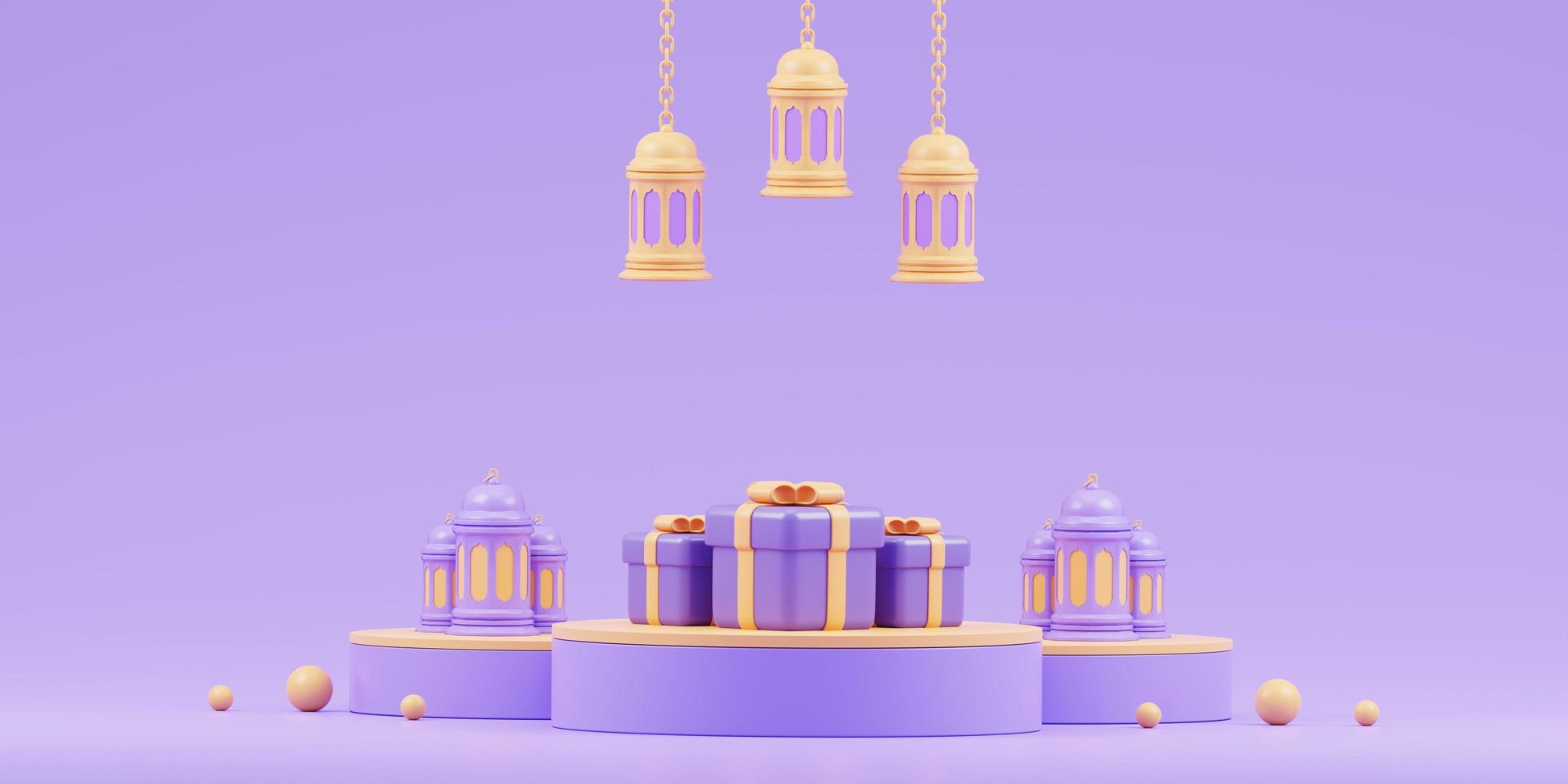 islamic ramadan greeting background with cute 3d mosque and islamic crescent photo