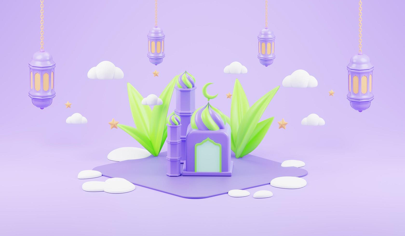 islamic ramadan greeting background with cute 3d mosque and islamic crescent photo