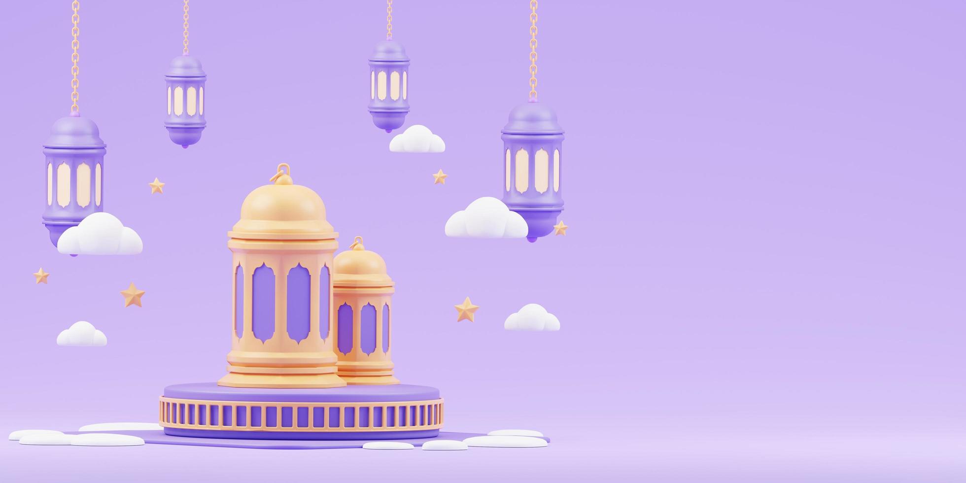 islamic ramadan greeting background with cute 3d mosque and islamic crescent photo