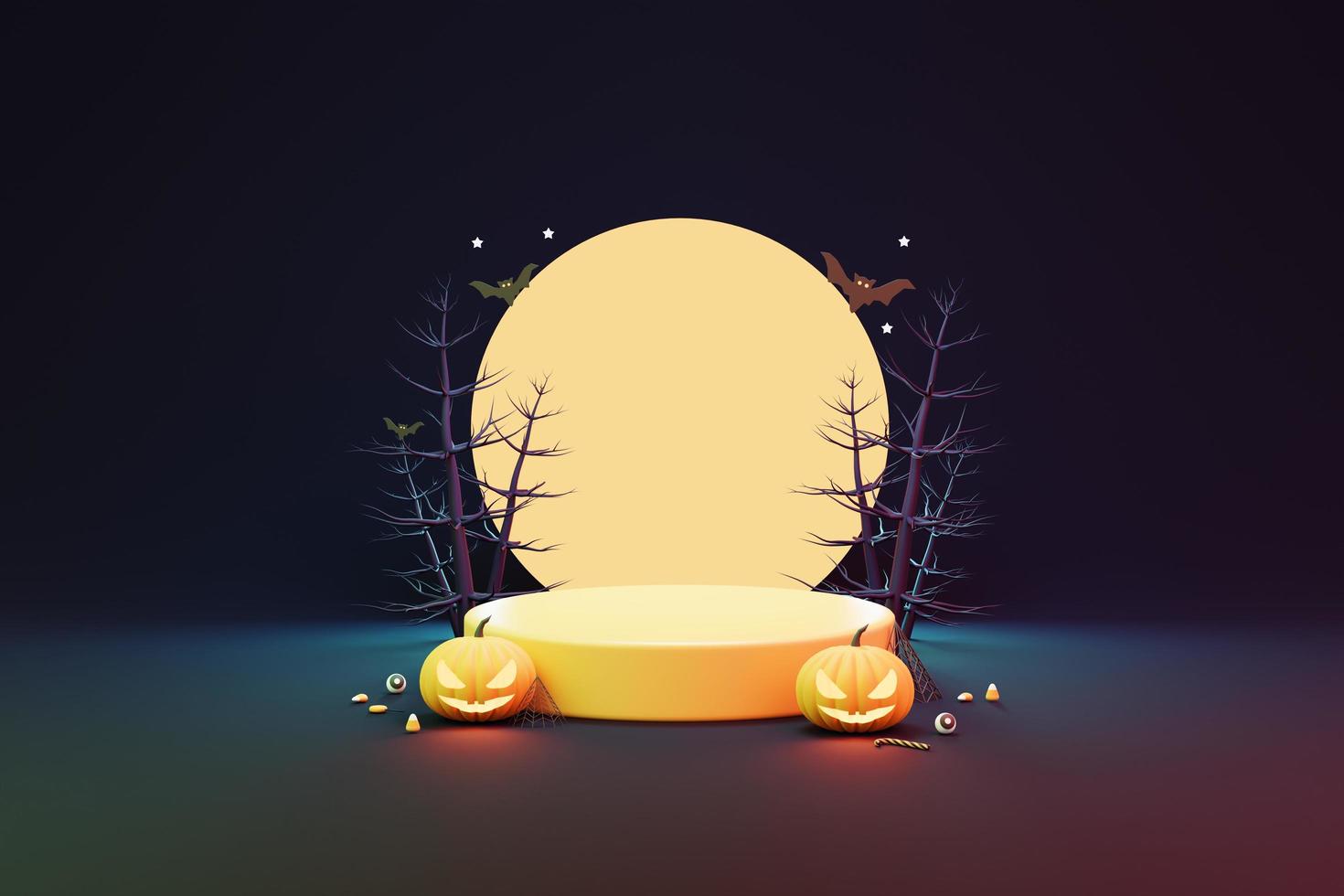 halloween with pumpkin and empty minimal podium pedestal product display background 3d illustration photo