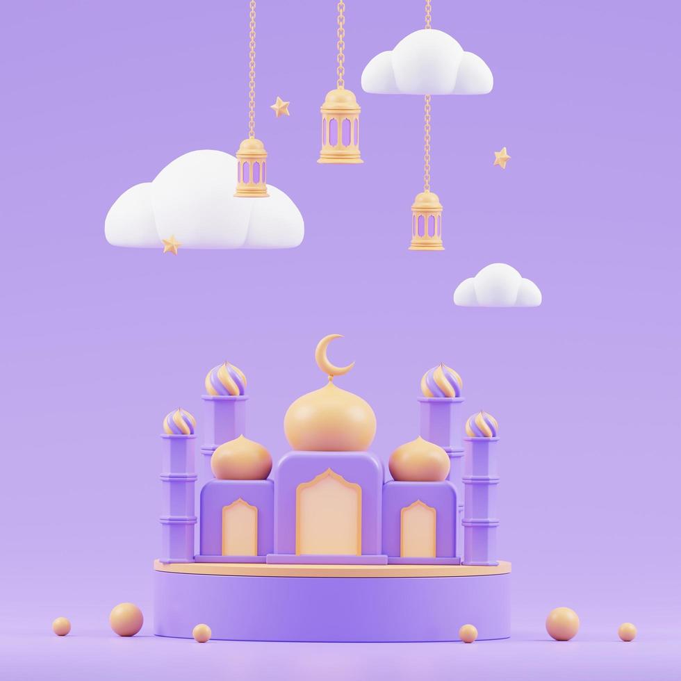 islamic ramadan greeting background with cute 3d mosque and islamic crescent photo