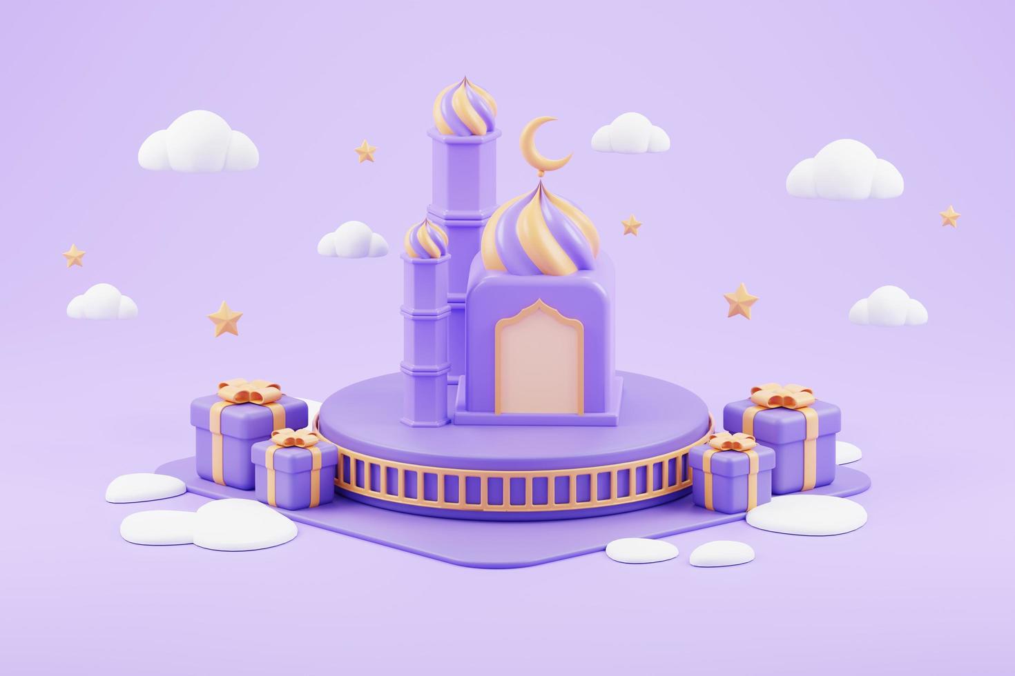 islamic ramadan greeting background with cute 3d mosque and islamic crescent photo