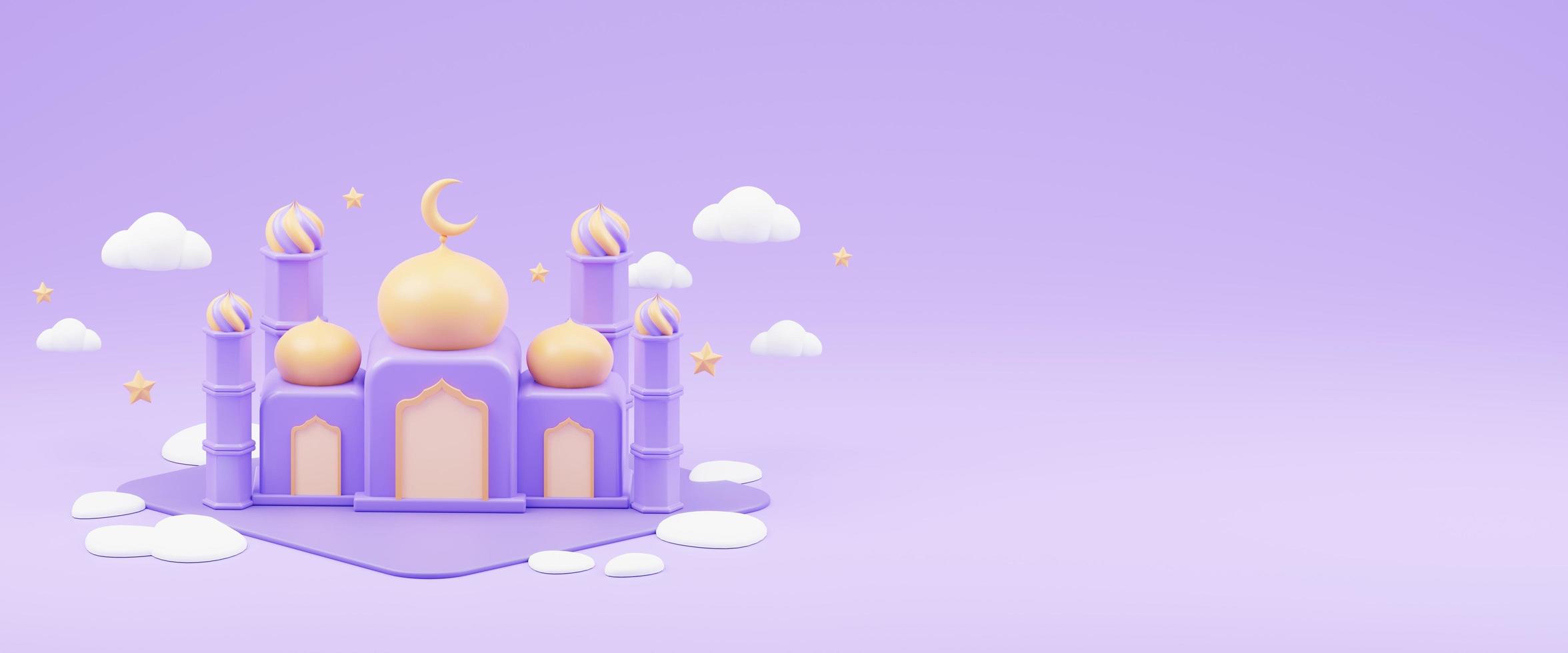 islamic ramadan greeting background with cute 3d mosque and islamic crescent photo