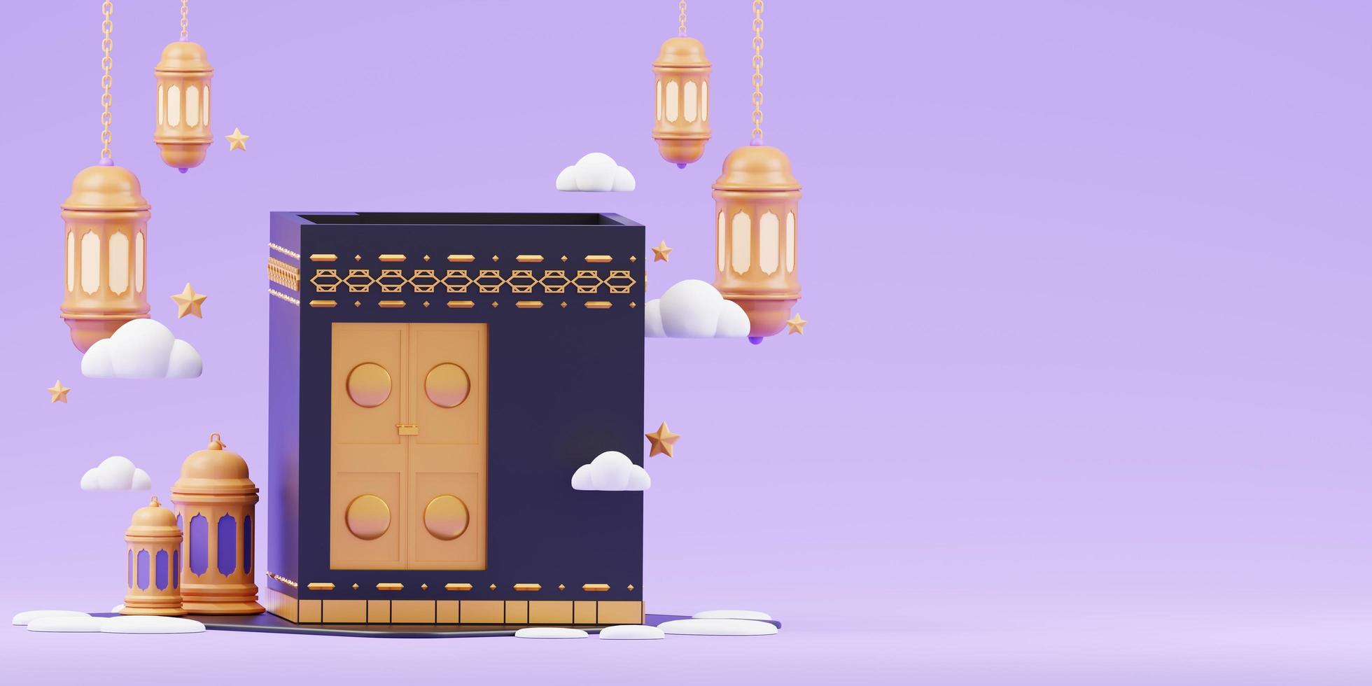islamic ramadan greeting background with cute 3d mosque and islamic crescent photo