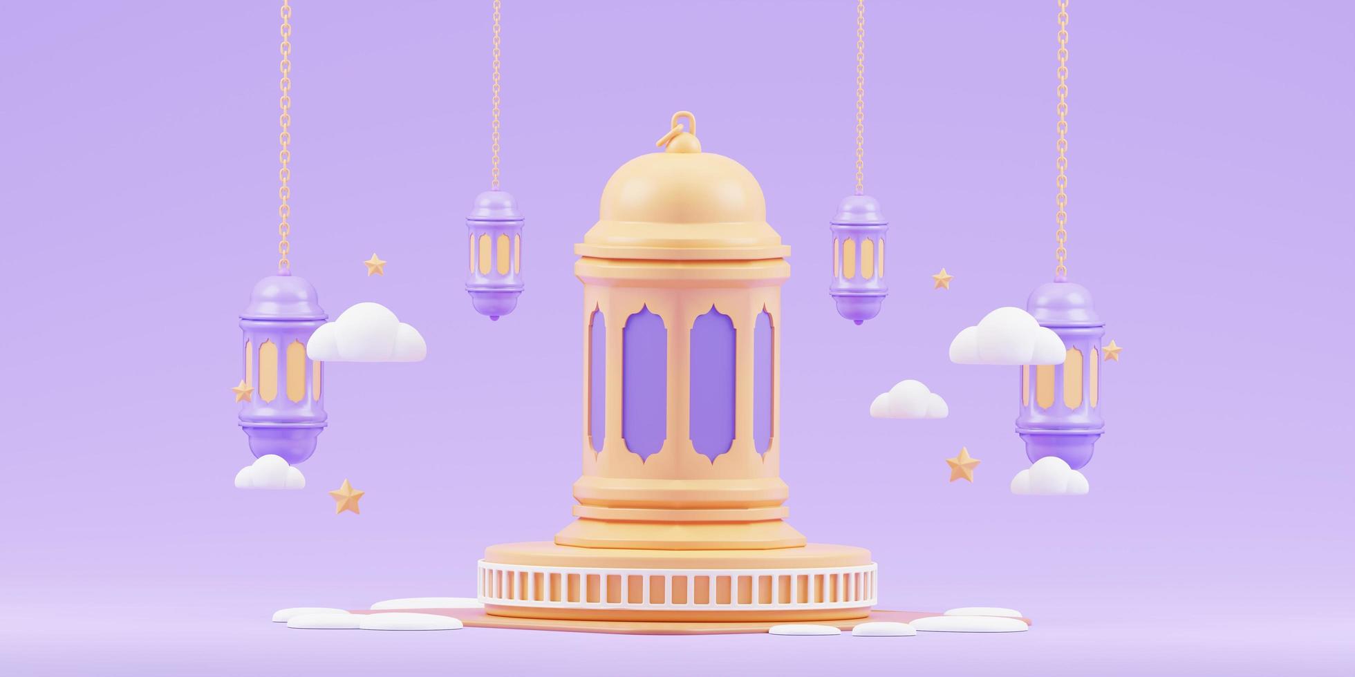 islamic ramadan greeting background with cute 3d mosque and islamic crescent photo