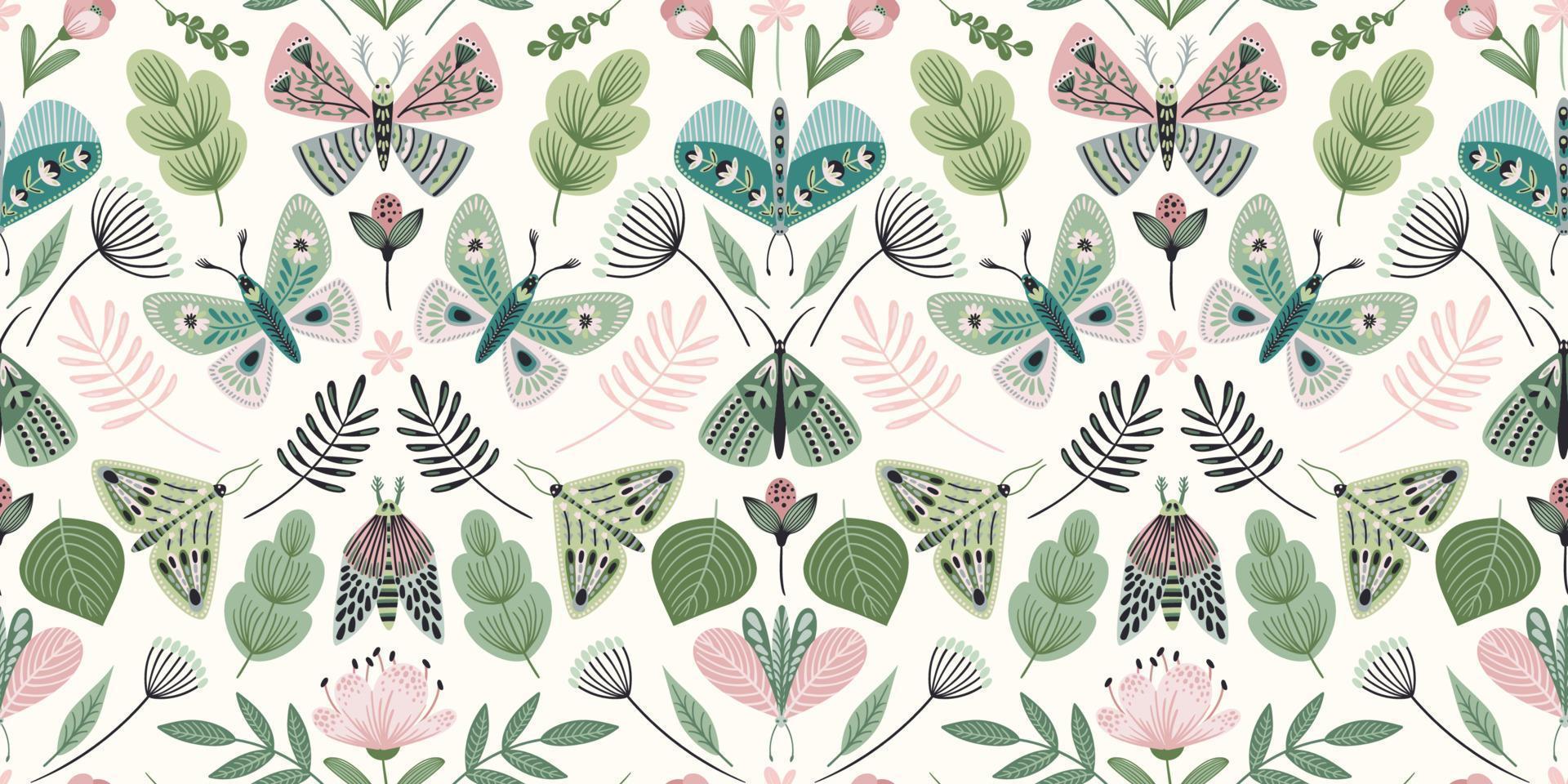 Abstract floral seamless pattern with butterflies and moths. Modern exotic design for paper, cover, fabric, interior decor and other use. vector