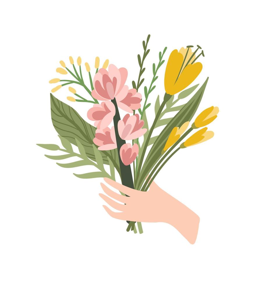 Isolated llustration bouquet of flowers in hand. Vector design concept for Valentines Day and other use.