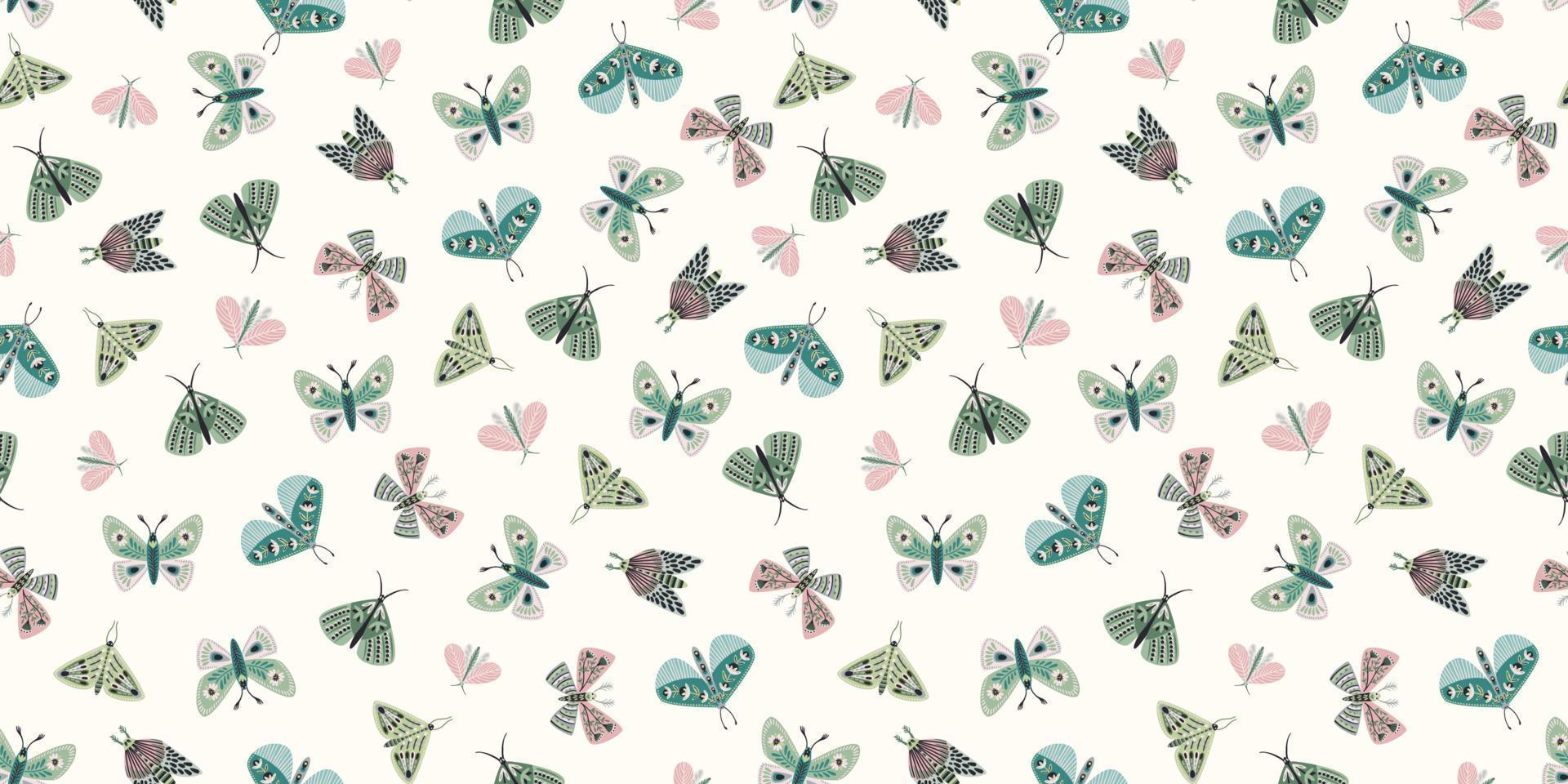 Abstract floral seamless pattern with butterflies and moths. Modern exotic design for paper, cover, fabric, interior decor and other use. vector
