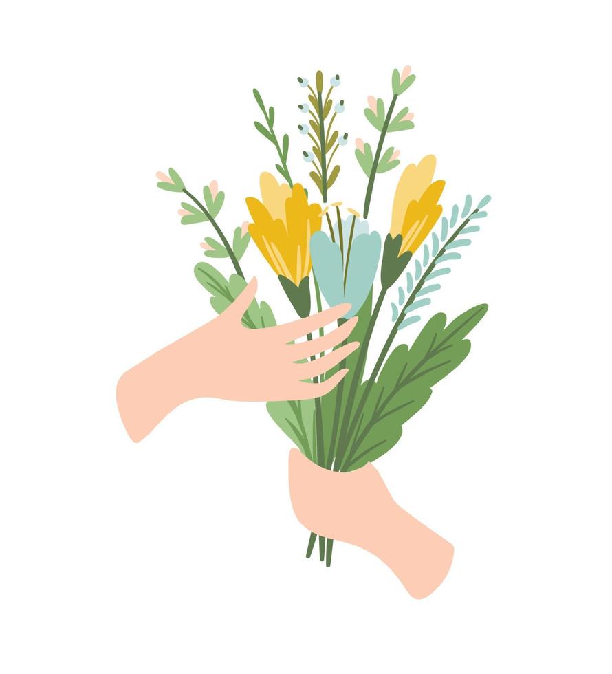 Isolated llustration bouquet of flowers in hand. Vector design concept for Valentines Day and other use.