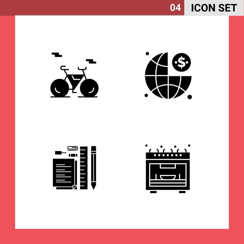 Pack of 4 creative Solid Glyphs of bike pen business dollar pin Editable Vector Design Elements