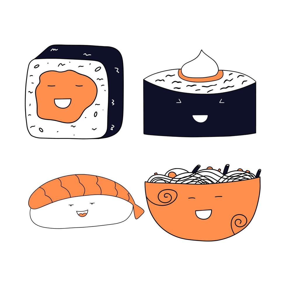Set of asian food in cartoon style, sushi, ramen.  Vector illustration in flat style