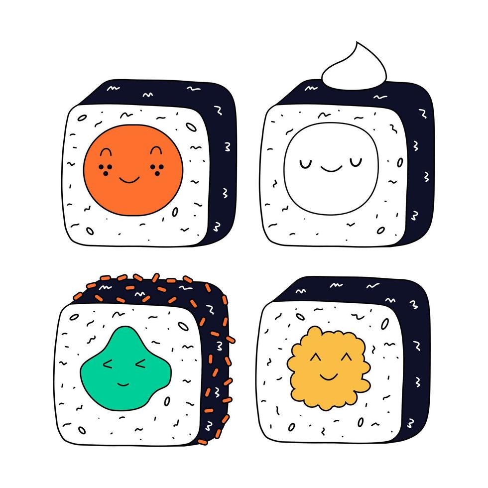 conjunto de iconos de rollos kawaii de diferentes dibujos animados. comida asiática, sushi. ilustración vectorial en estilo plano vector