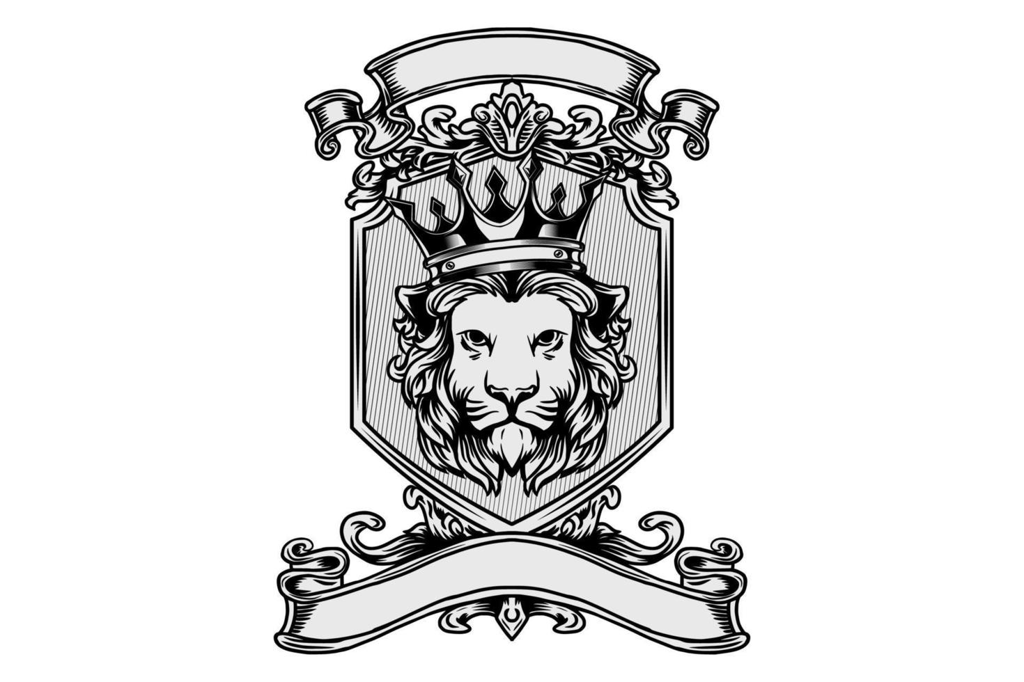 logotipo del rey león con estilo de grabado de corona dibujado a mano vector