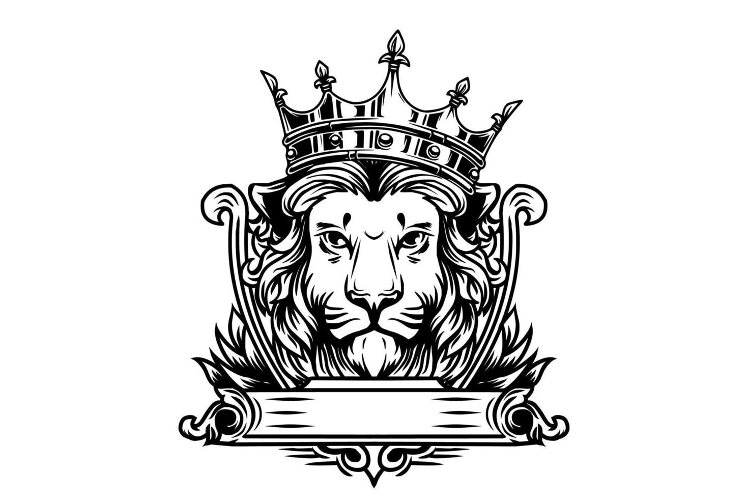 Lion King Hand drawn vector logo, Black white logo, Lion engraving