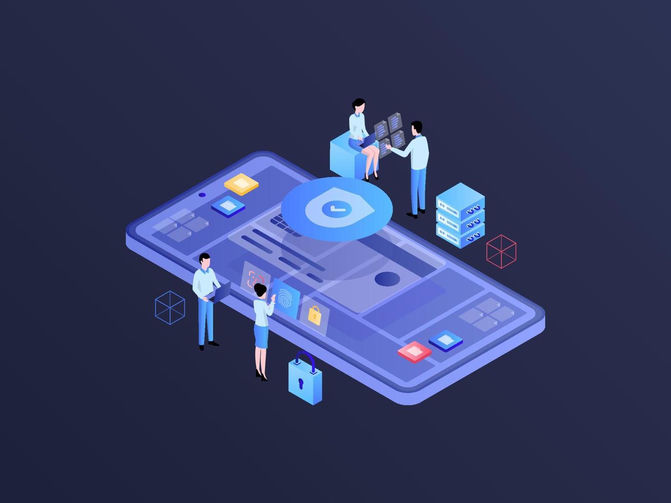Business Security Isometric Illustration Dark Gradient. Suitable for Mobile App, Website, Banner, Diagrams, Infographics, and Other Graphic Assets. vector