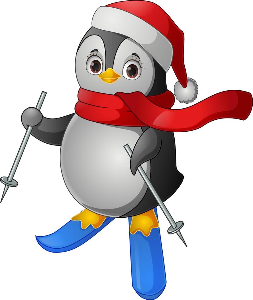 Penguin cartoon skiing on white background vector