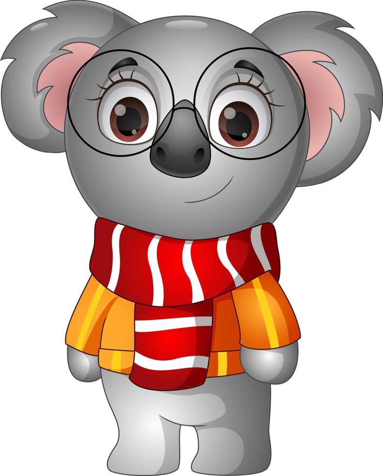 pequeño y lindo koala con gafas y bufanda vector