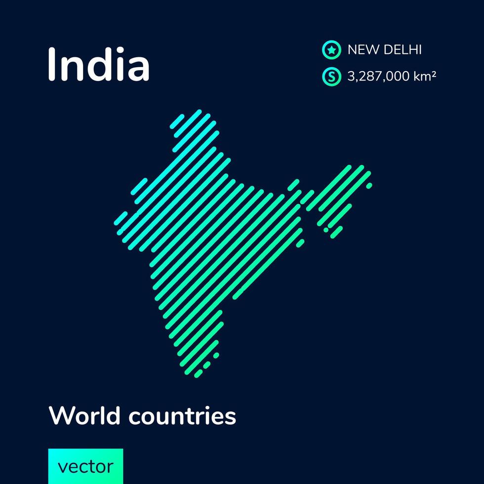 Vector creative digital neon flat line art abstract simple map of India with green, mint, turquoise striped texture on dark blue background. Educational banner, poster about India