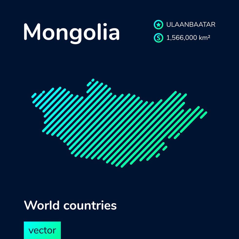 Vector creative digital neon flat line art abstract simple map of Mongolia with green, mint, turquoise striped texture on dark blue background. Educational banner, poster about Mongolia