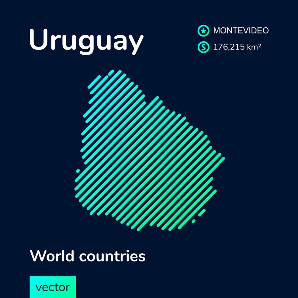 Vector creative digital neon flat line art abstract simple map of Uruguay with green, mint, turquoise striped texture on dark blue background. Educational banner, poster about Uruguay