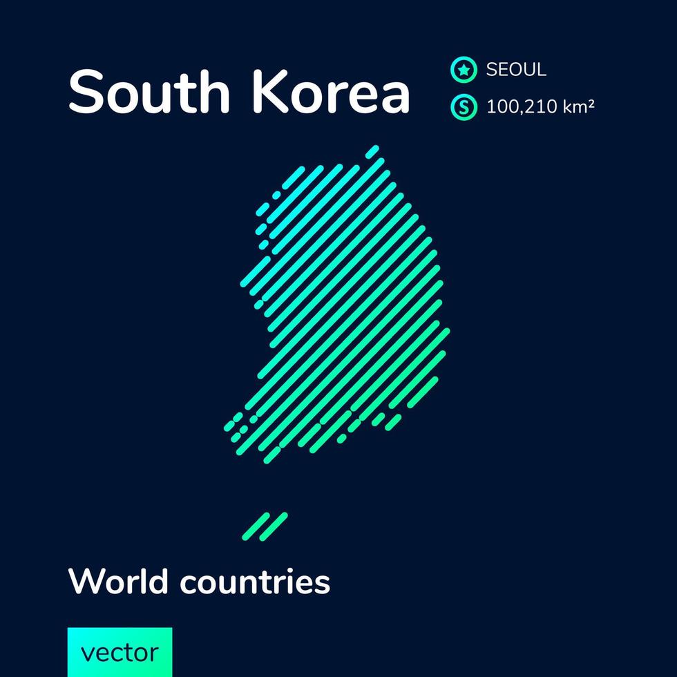 Map of South Korea. Vector creative digital neon flat line art abstract simple map with green, mint, turquoise striped texture on dark blue background. Educational banner, poster about South Korea