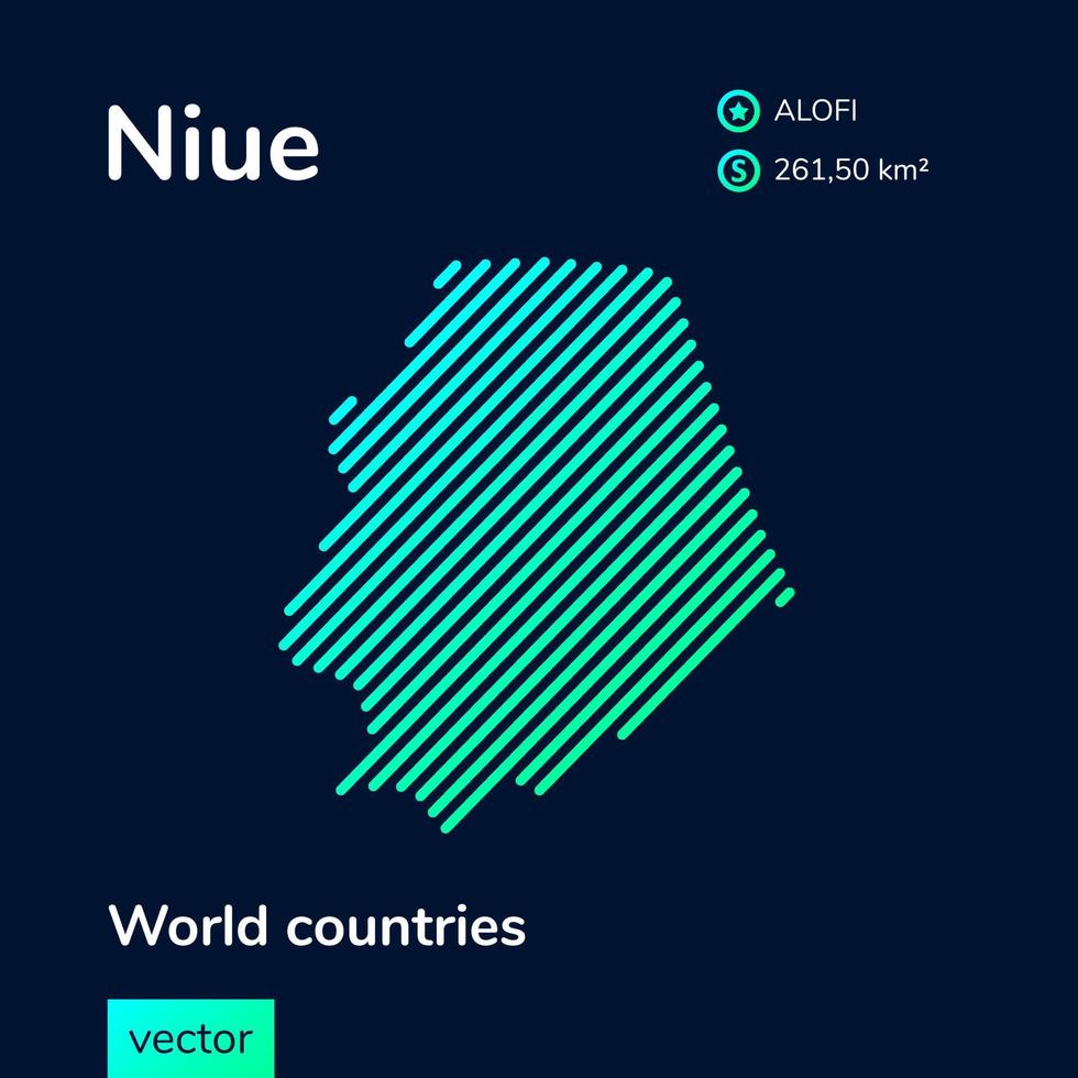 Map of Niue. Vector creative digital neon flat abstract simple map with green, mint, turquoise striped texture on dark blue background. Educational banner, poster about Niue