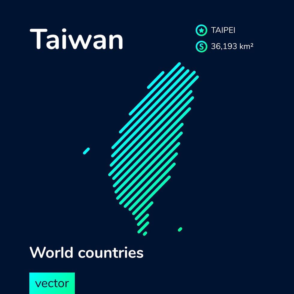 Vector creative digital neon flat line art abstract simple map of Taiwan with green, mint, turquoise striped texture on dark blue background. Educational banner, poster about Taiwan
