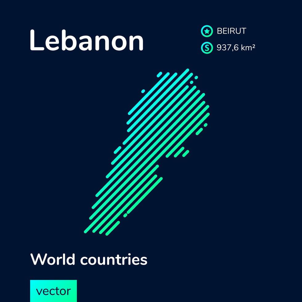 Vector creative digital neon flat line art abstract simple map of Lebanon with green, mint, turquoise striped texture on dark blue background. Educational banner, poster about Lebanon