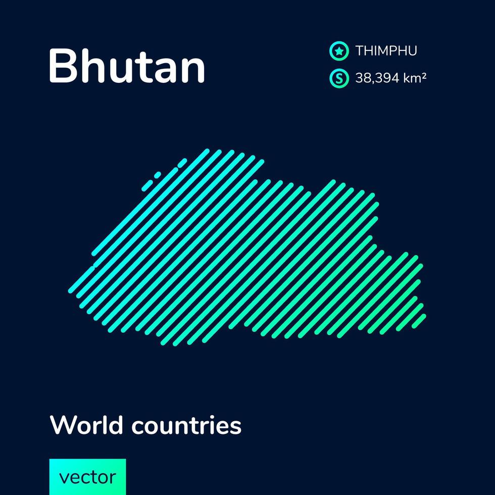 Vector creative digital neon flat line art abstract simple map of Bhutan with green, mint, turquoise striped texture on dark blue background. Educational banner, poster about Bhutan